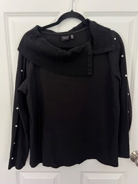 Rafaella Black Ribbed Fold-Over Collar Sweater